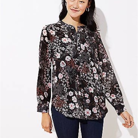 LOFT | Pintuck Floral Chiffon Blouse | Black/White/Pink | Large - Picture 1 of 6